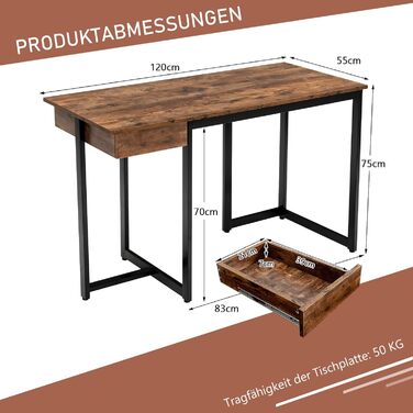 Комп'ютерний стіл COSTWAY, дерево, вінтажний коричневий, 120x55x75 см
