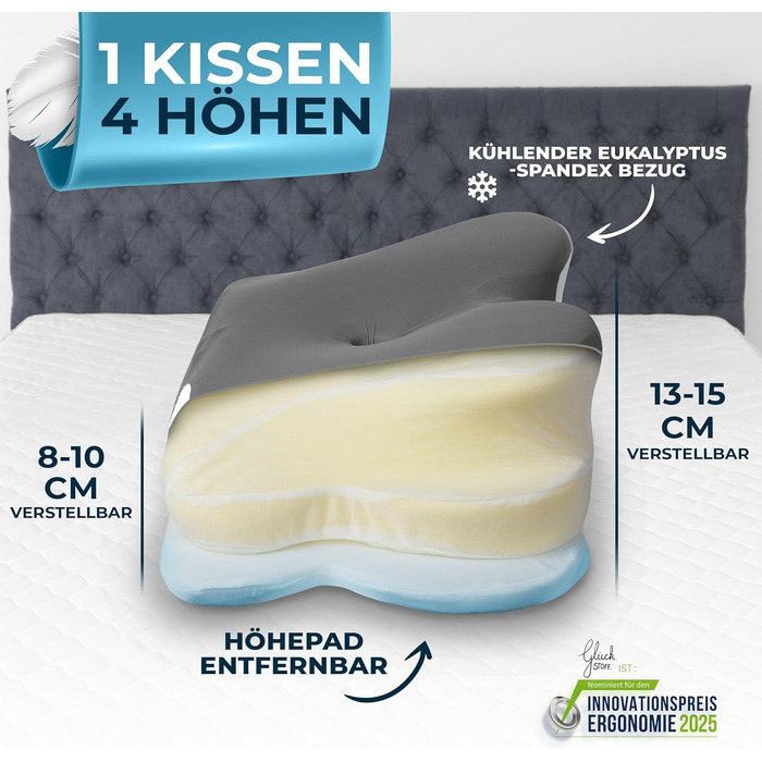 Ортопедична подушка Glückstoff для шиї та голови з піни Memory Foam, ергономічна, для сну на боці, проти болю в шиї, сіра
