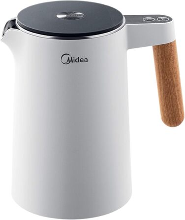 Електрочайник Midea з нержавіючої сталі, 1,5 л, 2200 Вт, білий, регулювання температури, подвійні стінки, індикатор температури, захист від перегріву, BPA Free, ретро-дизайн, для чаю та кави