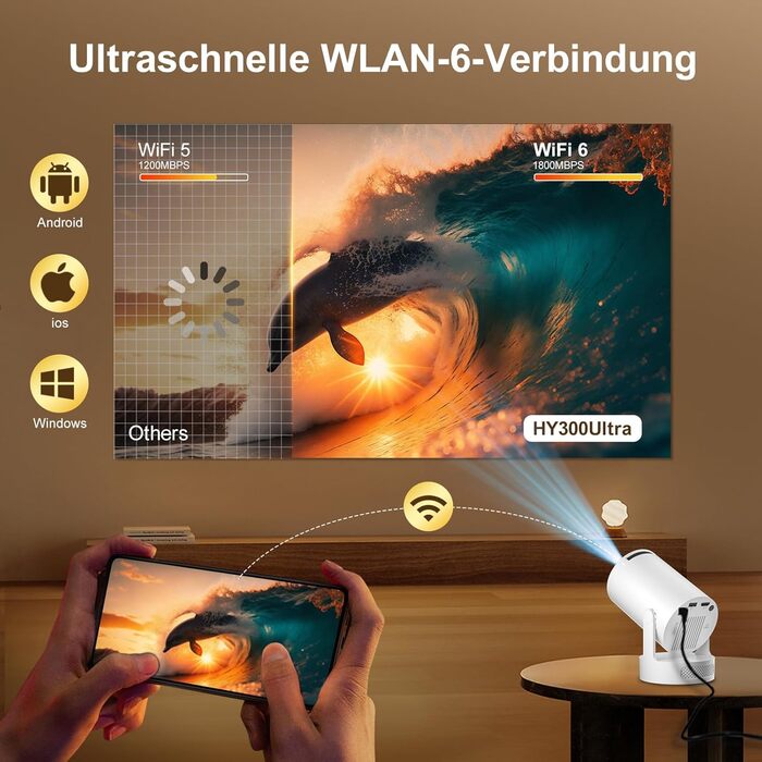 Смарт-проектор Salange Mini Beamer 2026, Android 14, 4K підтримка, WiFi 6, Bluetooth 5.4, портативний міні-проектор для дому та вулиці з автокоррекцією трапеції та поворотом на 270°, чорно-білий
