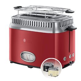 Тостер Russell Hobbs Retro 21680-56, нержавіюча сталь, червоний, 2 тости, 6 режимів, розморожування, підігрів
