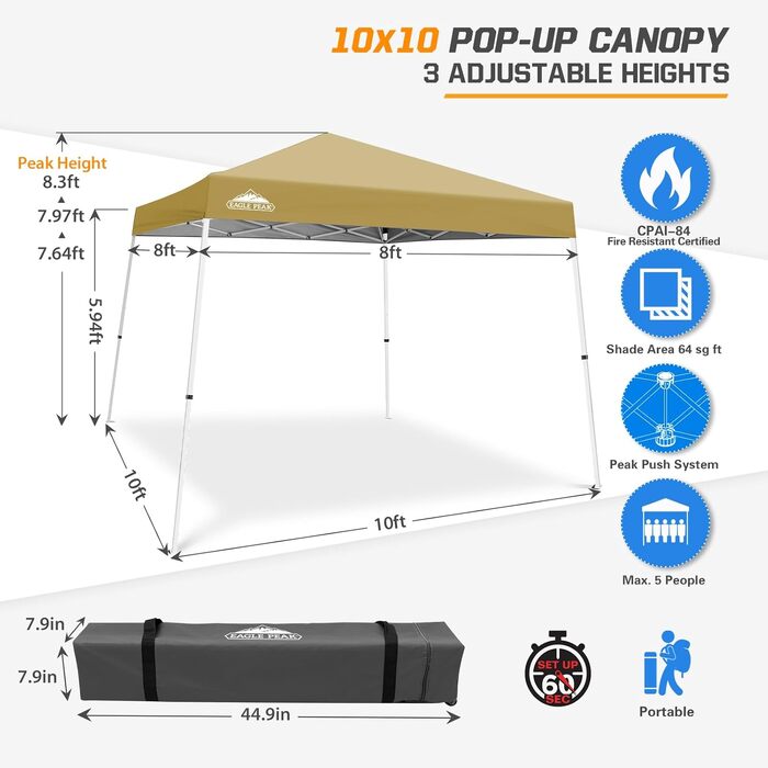 Павільйон садовий EAGLE PEAK 3x3м, бежевий, з похилими ногами, UV-захист 50+, водонепроникний, складаний для кемпінгу та вечірок