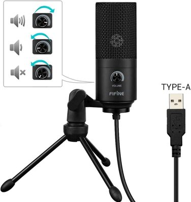 FIFINE USB мікрофон для ПК та ігор, студійний конденсаторний мікрофон для подкастів, стрімінгу, Mac, PS4, PS5, з підставкою, чорний
