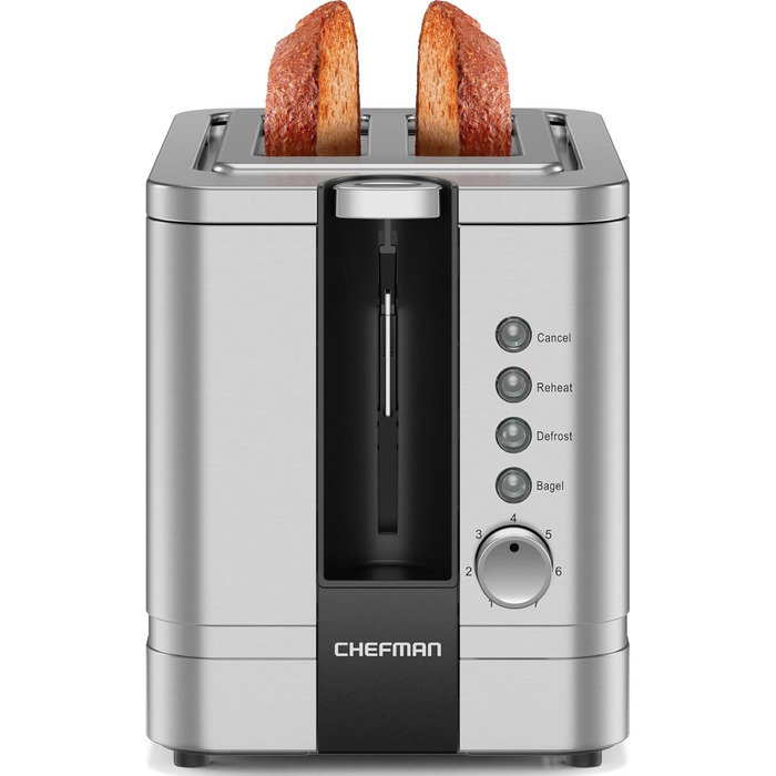 Тостер Chefman з нержавіючої сталі на 2 скибки, 7 режимів підсмажування, широкі слоти для бейглів, функції розморожування, підігріву та зупинки, знімний піддон для крихт, 925 Вт, 240 В, сріблястий