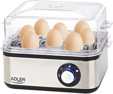 Електрична яйцеварка ADLER EUROPE AD-4486, 1-8 яєць, 500 Вт, нержавіюча сталь, автоматичне вимкнення, захист від перегріву, срібляста