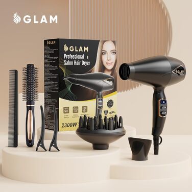 Потужний фен для волосся GLAM Profi 2300 Вт з іонізацією, AC-мотором, 2 швидкостями, 3 температурними режимами, холодним обдувом, дифузором і концентратором, чорний – професійна сушка волосся