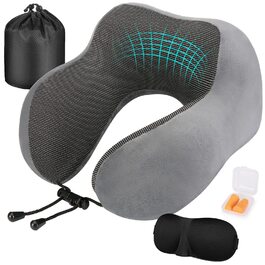 Ергономічна дорожня подушка для шиї Eono з ефектом пам'яті (Memory Foam) у комплекті з маскою для сну, берушами та сумкою, темно-сіра