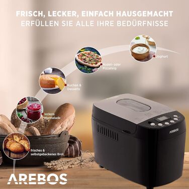 Хлібопечка Arebos 1500г | 15 програм | Таймер | LCD дисплей | 850 Вт | Чорний