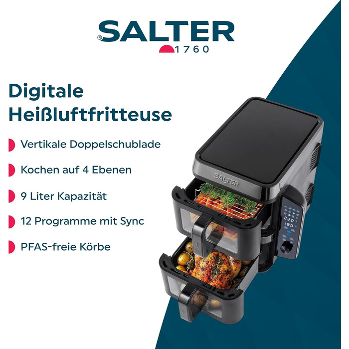 Аерофритюрниця Salter VertiCook View 9L: двокамерна з вертикальним дизайном, 12 програм Sync & Match, 4 рівні приготування, без PFAS, чорна