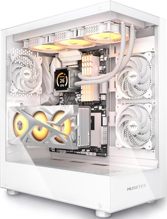 MUSETEX ATX корпус для ПК, білий, з 3 вентиляторами без підсвічування, скляні панелі, Type-C, ігровий корпус середнього розміру