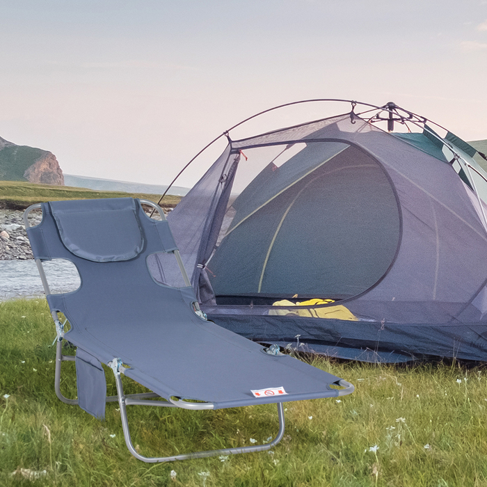 Outsunny Sun Lounger Складний садовий шезлонг з вікном для читання, подушка, шезлонг з регульованою спинкою в 5 напрямках, стійкий до погодних умов шезлонг для кемпінгу з навантаженням до 120 кг, для садового пляжного басейну, сірий