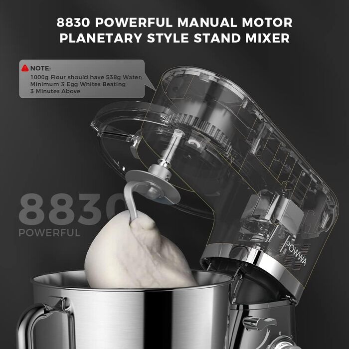 Кухонна машина POWWA 5.5L з 6 швидкостей, 1500W, для замішування тіста, з міксером, гаком для тіста та насадкою для збивання, чорного кольору