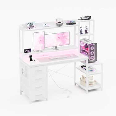Ігровий стіл YOUDENOVA з шухлядами та полицями, 130x48 см, з LED-підсвіткою, розеткою та USB, стіл для комп'ютера з підставкою для монітора та тримачем для навушників, білий карбон