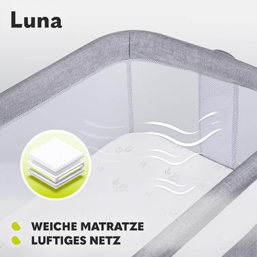 Ліжечко-колиска Lionelo Luna EIN з матрацом, переносне, для новонароджених до 9 кг, регульоване по висоті і нахилу, 4 колеса з гальмами, кріплення до ліжка батьків, сіре
