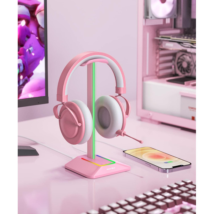 Підставка для навушників New Bee з RGB-підсвіткою, USB Type-C зарядкою та передачею даних, універсальна стійка для геймерських гарнітур, рожева