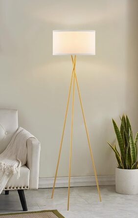 Сучасна торшерна лампа Home Sweet Home, золота, метал, LED E27 9Вт 2700K, тринога, білий абажур, для вітальні та спальні