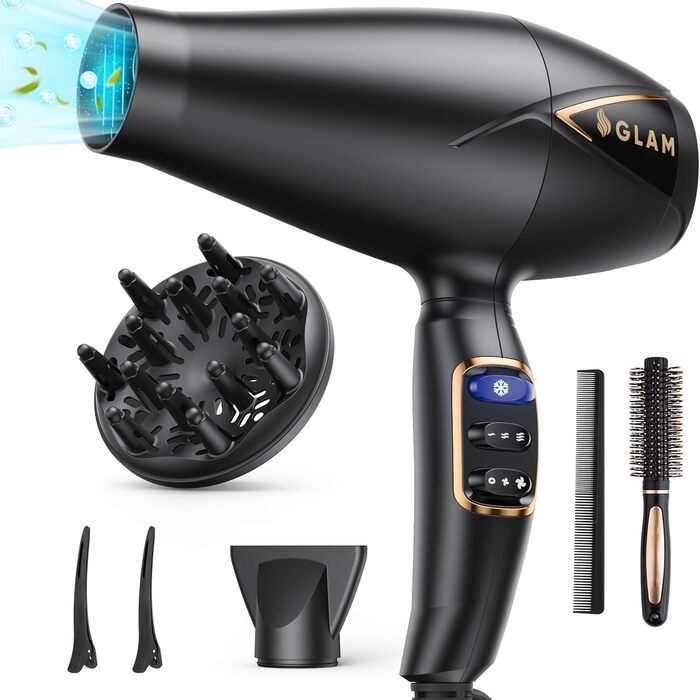 Професійний іонний фен GLAM 2300Вт з AC мотором, швидке сушіння, 3 температурні режими, 2 швидкості, кнопка холодного повітря, дифузор, насадка-концентратор, для сім'ї та салону