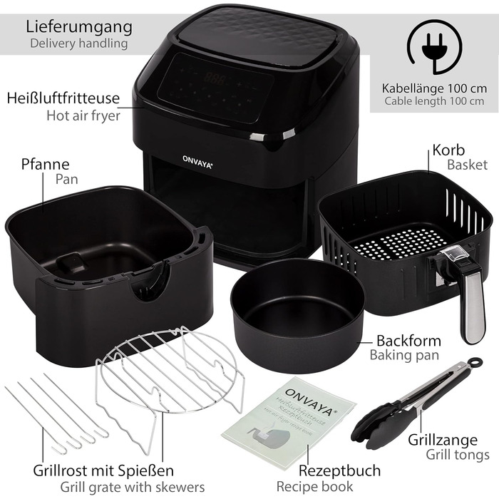 Аерофритюрниця ONVAYA XXL, без олії, 1700 Вт, LED-дисплей, 10 програм, для 5-6 осіб, з формою для випікання та решіткою зі шпажками