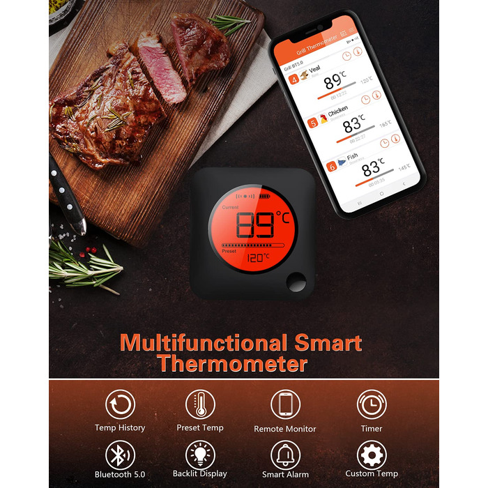 BFOUR Bluetooth термометр для гриля, 60 м, 2 зонди, великий РК-дисплей, нерж. сталь