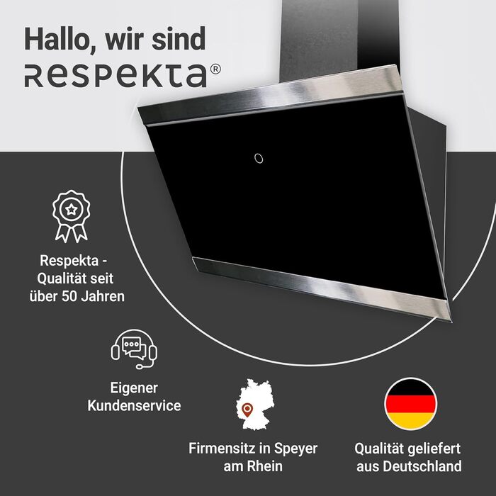 Похила витяжка Respekta CH89060S 60 см, чорне скло та нержавіюча сталь, режим відведення та рециркуляції повітря, клас A++, Generation 2