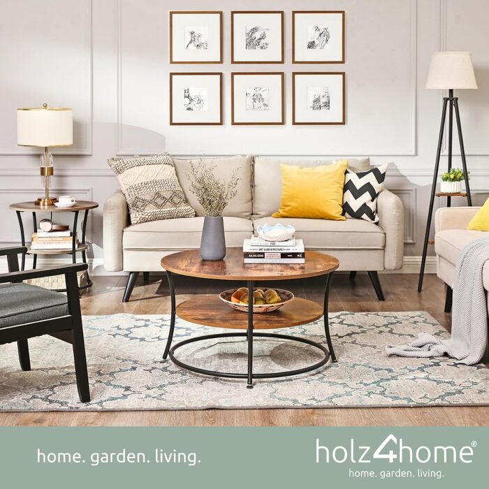 Журнальний стіл holz4home Lillie круглий, з полицею, індустріальний стиль, легка збірка, коричневий