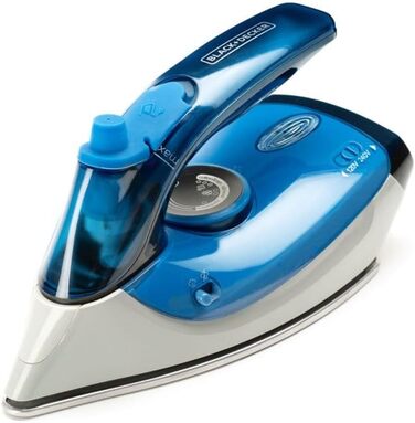 BLACK+DECKER BXIR1000E – Дорожня праска 1000 Вт, подвійна напруга 120/240 В, паровий удар 50 г/хв, постійна подача пари 20 г/хв, нержавіюча сталь, синя