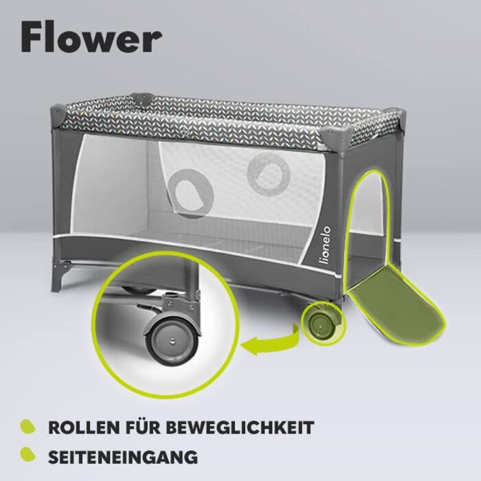 Дитяче ліжечко-манеж Lionelo Flower 4-в-1 з боковим входом, пеленатором, двома рівнями висоти, ігровою дугою, колесами та сумкою для перенесення
