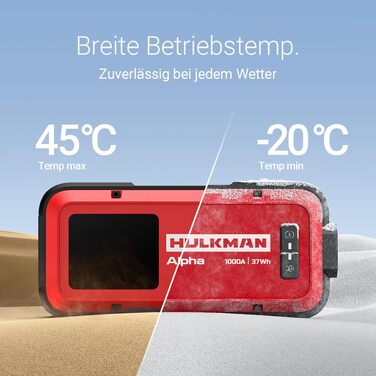 Бустерний пускач HULKMAN Alpha Ultra Red 1000A 37Wh для авто 12В, портативний jump starter для бензинових (до 6.5L) та дизельних (до 3.0L) двигунів, IP65, LED-дисплей