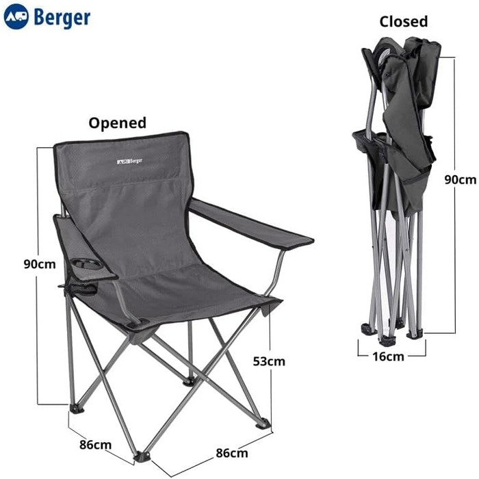 Складний кемпінговий стілець BERGER Easy, м'який, до 100 кг, з підстаканником, легкий, для риболовлі, саду та відпочинку, сірий, у чохлі