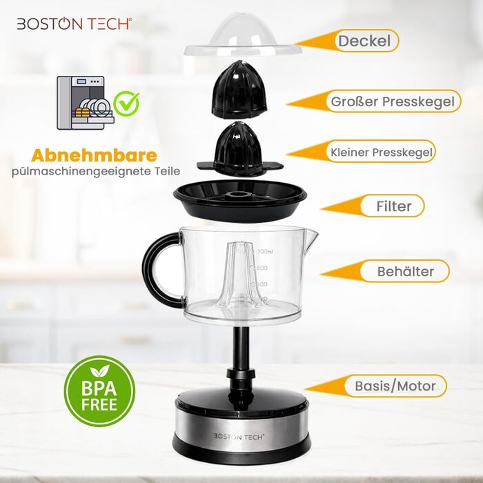 Електрична цитрусовижималка Boston Tech MasterJuicer 700 мл з нержавіючої сталі - 40W, подвійна конусна система, без BPA, висока продуктивність