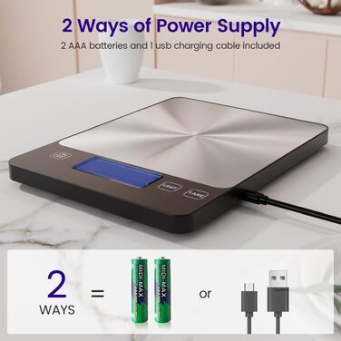 Кухонні ваги електронні з USB-C, 15 кг/1г, висока точність, професійні ваги для продуктів, з батарейками