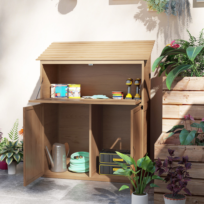 Outsunny Garden Шафа з дерева, Садовий сарай зі ступінчастою односхилим дахом, Складаний стіл з подвійними дверима 110 x 54 x 136 см, Атмосферостійка садова шафа, Садовий сарай Садовий сарай для саду, тераса, натуральне дерево
