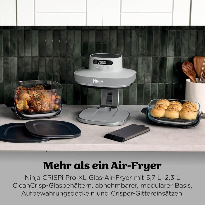 Скляна аерофритюрниця Ninja CRISPi PRO XL Air Fryer з 5 функціями, контейнерами CleanCrisp (5,7 л та 2,3 л) та кришкою для зберігання, біла, AS090EUGN