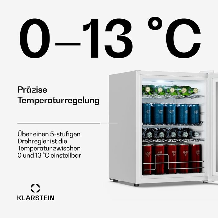 Холодильник для напоїв Klarstein 60л з дзеркальними дверцятами, 0-13°C, 4 полиці, регулювання температури, компресорний, білий