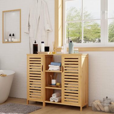 Шафа для ванної кімнати Sogesfurniture з бамбука, шафка для ванної, приліжкова шафка з 4 полицями та жалюзі-дверцятами, шафа для зберігання у ванну кімнату, вітальню, кухню (33x100x87 см)