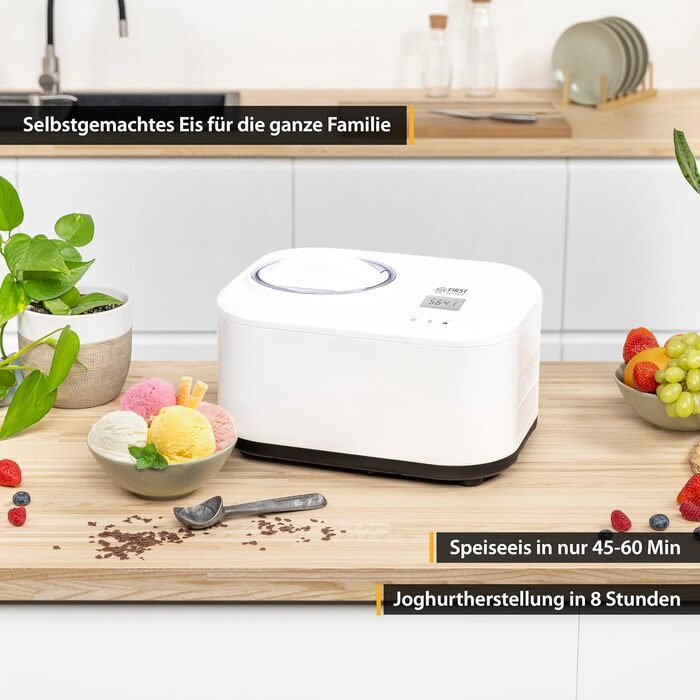 Морозивниця та йогуртниця TZS First Austria з компресором, 1 л, для домашнього використання, самостійне охолодження, знімна чаша, мірний стакан і лопатка в комплекті