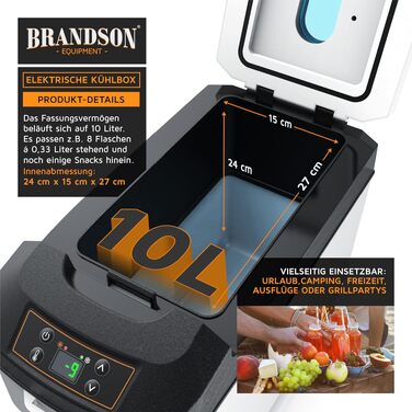 Автомобільний холодильник/термобокс електричний Brandson 10л (230V/12V), охолодження до +20°C, нагрів до 65°C, білий