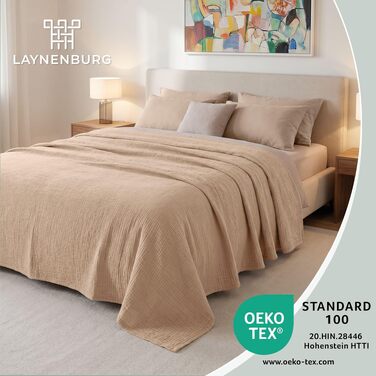 Преміум муслінова ковдра LAYNENBURG 150x200 см, 100% бавовна, м'який плед на диван та ліжко, бежевий пісок