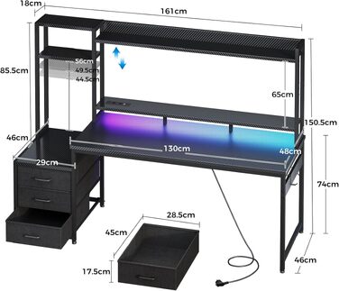 Ігровий стіл Coleshome з полицями та шухлядами, 161×48 см, з LED-підсвіткою, розеткою та підставкою для монітора, вуглецеве волокно (Carbon Fiber), чорний