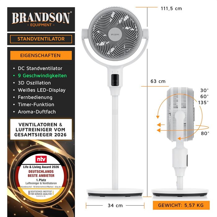 Вентилятор підлоговий Brandson ECO Line 3D з пультом, DC мотор, 9 швидкостей, білий