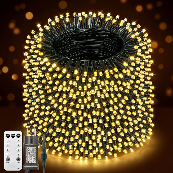 Світлодіодна гірлянда 50м 800 LED (теплий/холодний білий), водонепроникна, з димером та 8 режимами роботи, зелений дріт, для вулиці та дому