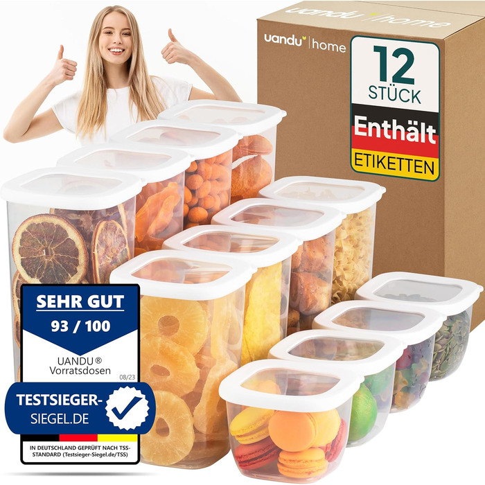 Набір герметичних контейнерів для зберігання продуктів Uandu, 12 шт., BPA Free, органайзер для кухні, білі кришки, для сипучих та сухих харчів