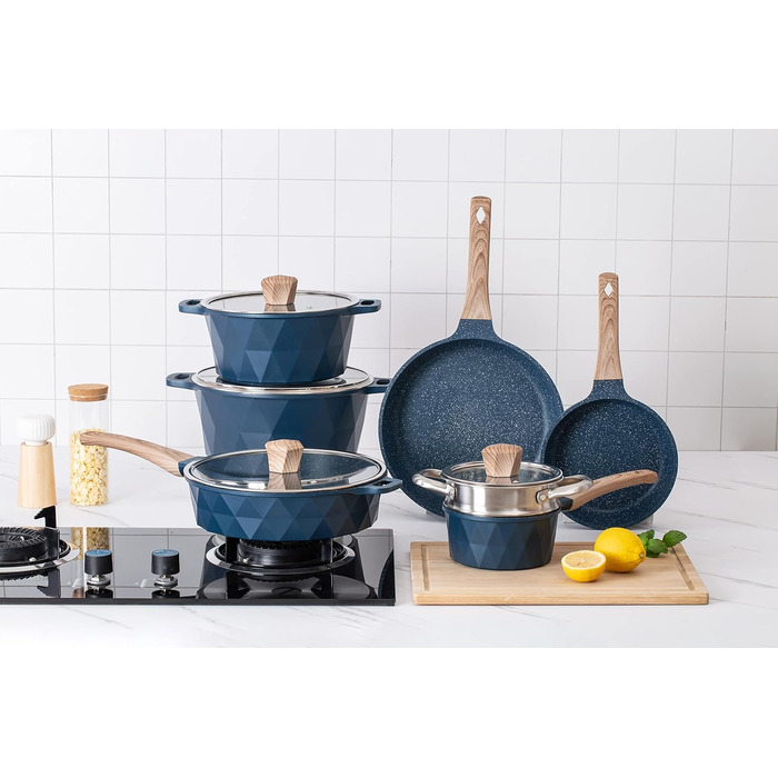 Набір посуду індукційного Country Kitchen Navy Diamond 13 предметів: каструлі та сковороди з антипригарним алюмінієвим покриттям, бакелітові ручки, скляні кришки (синій)