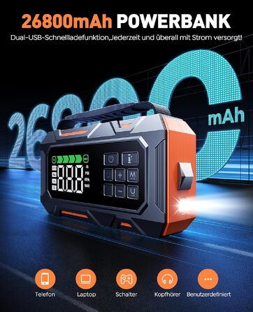 Пусковий пристрій 14-в-1 для авто 8000A з компресором 160 PSI, Powerbank 26800mAh, бустер для бензинових та дизельних двигунів (до 12л), з LED-ліхтарем та набором для ремонту шин
