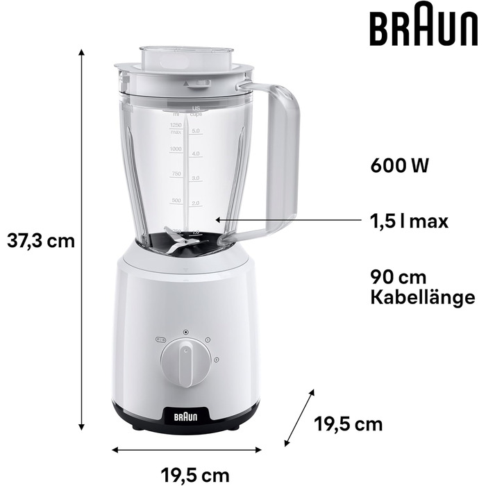 Блендер стаціонарний Braun PowerBlend 1 JB1050WH 600 Вт, 1.5 л, білий - для смузі, подрібнення льоду та приготування пюре