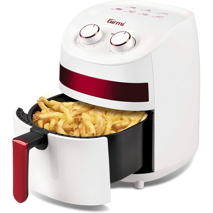 Компактна аерофритюрниця Girmi FG93 Ecofrit, 3.2 л, 1000 Вт, економна (до -30% енергії), з антипригарним покриттям та книгою рецептів, Білий/Червоний