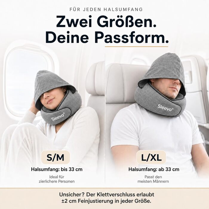Ергономічна подушка для подорожей з ефектом пам'яті (Memory Foam) та капюшоном-маскою для сну, сіра (розмір M) — для літака, поїзда та авто