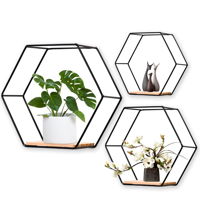 Набір настінних полиць Panthem Hexagon, 3 шт., металеві, чорні - Loft стиль для вітальні, спальні, ванної кімнати, кафе, готелю