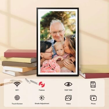 FRAMEO Цифровий фоторамка 15.6 дюймів FHD, сенсорний екран, 32GB, Wi-Fi, віддалене завантаження фото та відео, календар, погода, музика, чорний