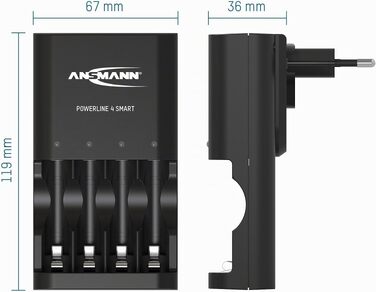 Зарядний пристрій ANSMANN Powerline 4 Smart з 4-ма акумуляторами AA 2100mAh, автоматичний зарядний пристрій з режимом відновлення (Repair-Modus)